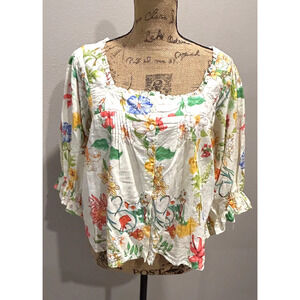 Laura Ashley Floral Linen Blend Blouse Balloon Sleeves Cottagecore Size L